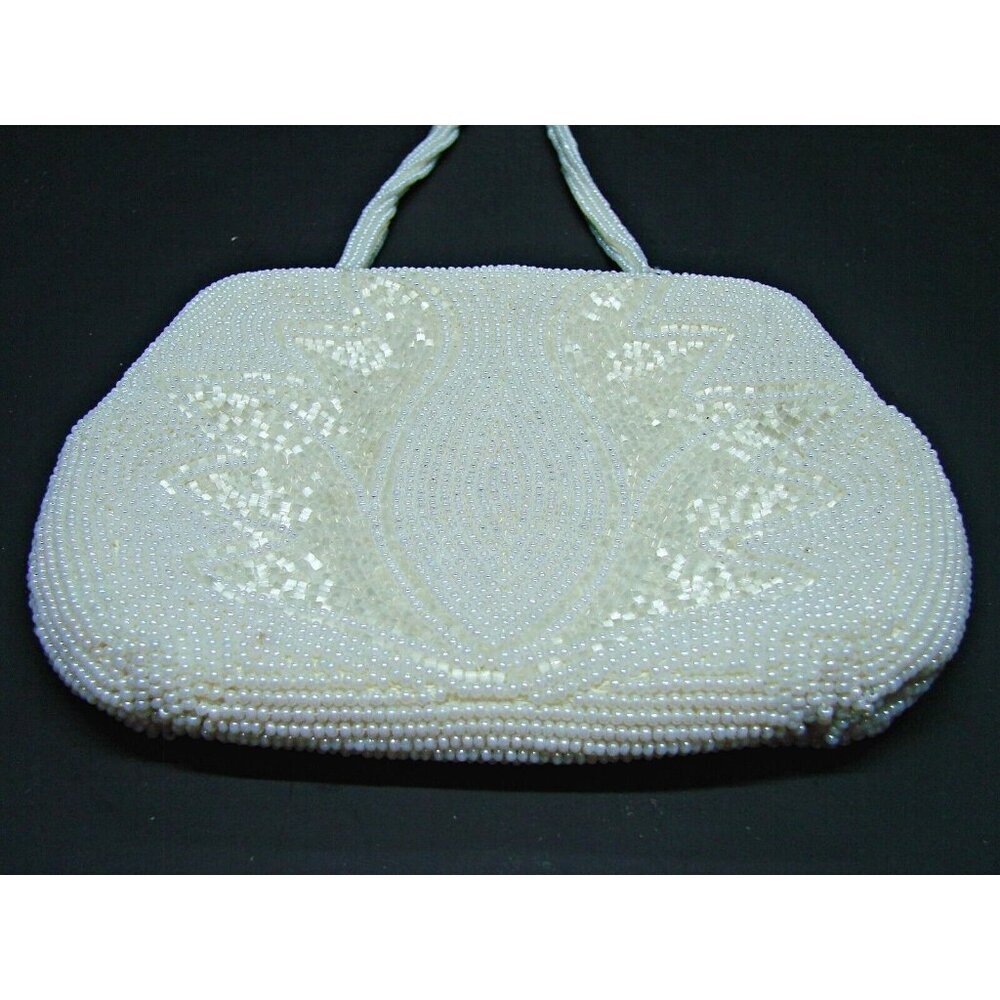 Vintage Seed Bead Mini Kiss Lock Bag Purse White Safco Evening Clutch Handbag 5"
